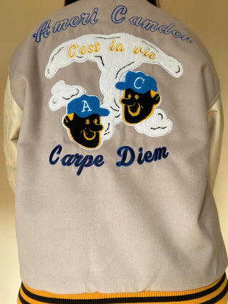 Ameri-Camden "C'est La Vie" Beige Varsity Jacket