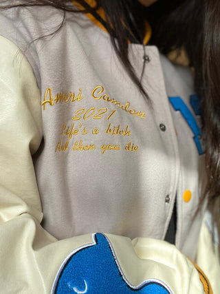 Ameri-Camden "C'est La Vie" Beige Varsity Jacket