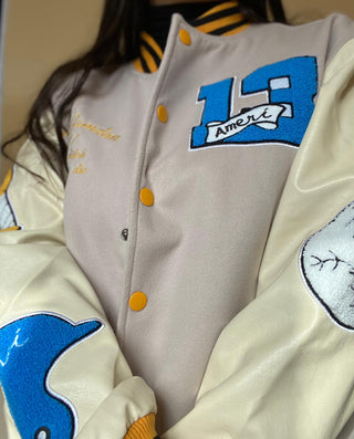 Ameri-Camden "C'est La Vie" Beige Varsity Jacket