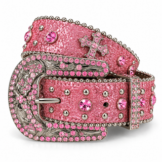 Rhinestone Cross Western Belt – Black, White & Pink