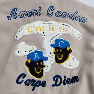 Ameri-Camden "C'est La Vie" Beige Varsity Jacket