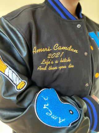 Ameri-Camden "C'est La Vie" Black Varsity Jacket