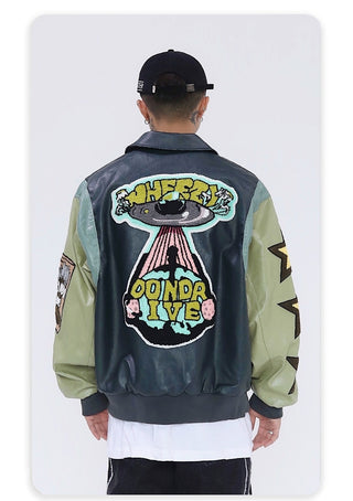 Ameri Camden ‘Wheezy Dondrive’ Pu  embroidered Leather Jacket